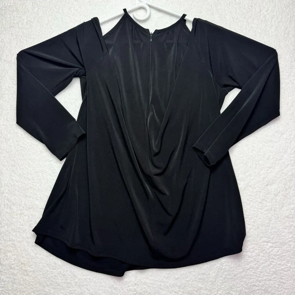 Michael Kors Cold Shoulder Top Womens XL Black Gold Accent Neck Zip Long Sleeve